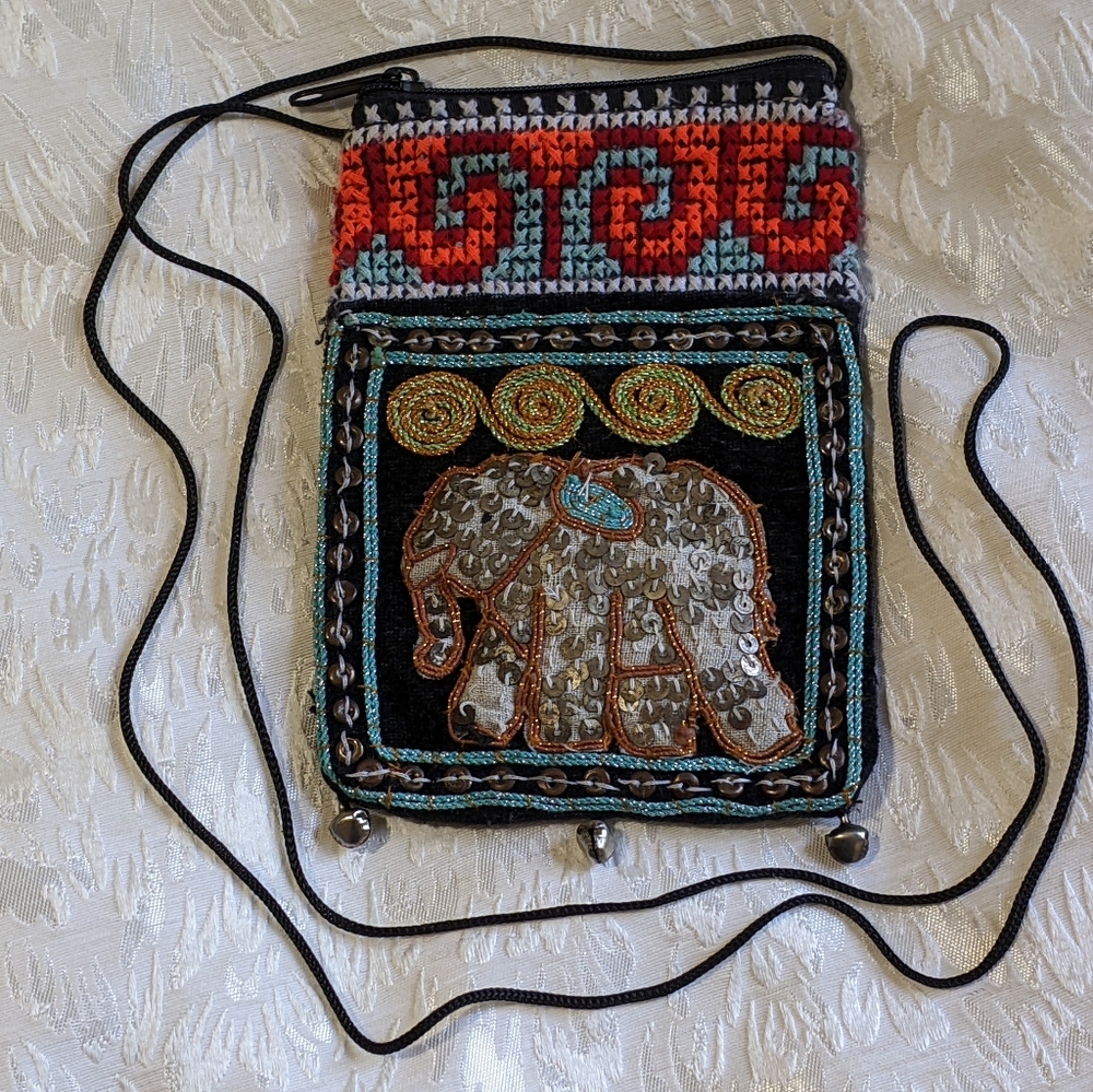 Elephant Zippered Crossbody Pouch with Embroidery and Sequins